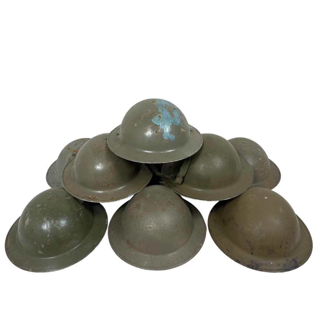 9 Vintage Brodie / Doughboy Type Foreign Helmet Lot: Lot of 9 vintage Brodie / Doughboy type foreign military helmets.