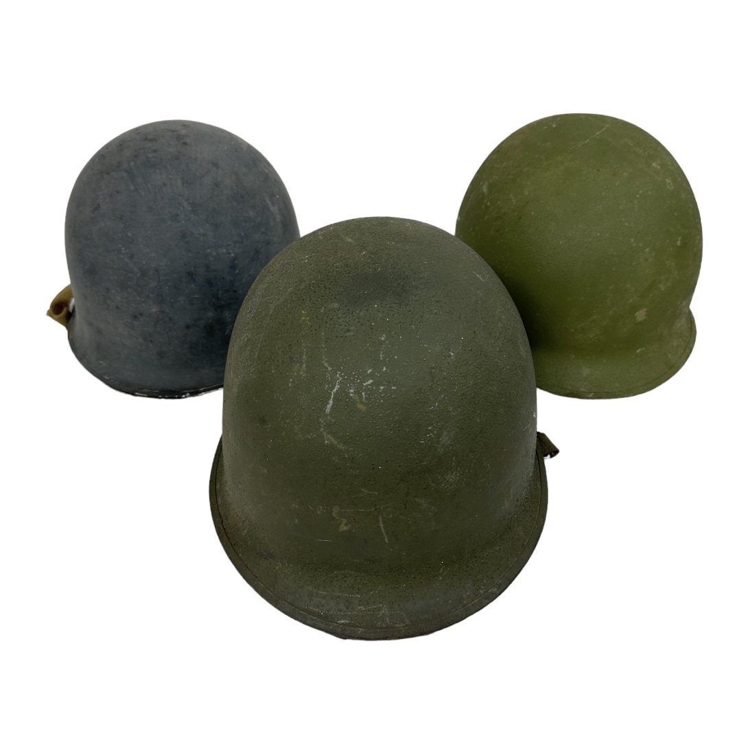 3 Rear Seam US M1 Helmet Lot: Lot of 3 rear seam US M1 helmets with liners.