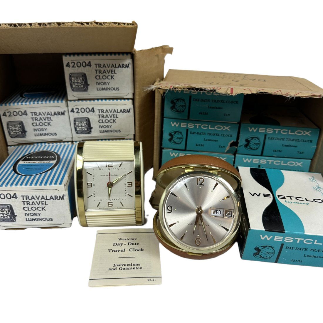 12 NOS Vintage Westclox Travel Alarm Clock Lot: Lot of 12 New Old Stock vintage Westclox travel alarm clocks. 2 styles, 2 cases of 6. Untested.