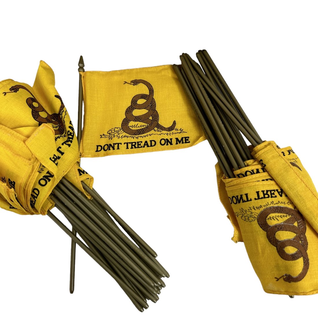 44 Vintage "Dont Tread On Me" Mini Flags - Golden State Display: Lot of 44 vintage â€œDont Tread On Me” miniature flags. Golden State Display Mfg. on plastic poles.