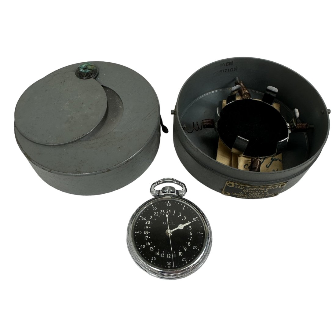 WWII Hamilton 4992B G.C.T. 22j Pocket Watch in Navigation Case: WWII Hamilton G.C.T. pocket watch in navigation case. 22 jewel 4992B movement. Movement was running at time of cataloging. Sold as-is / as-found.