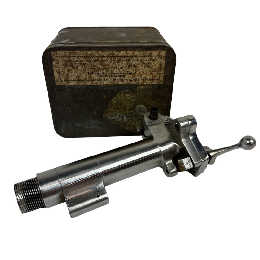 Kaufman Starter Breech for Aircraft Engines w/ Triumph Cartridge Tin: Vintage Kaufman starter breech part for aircraft engines with empty Triumph Cartridge tin.