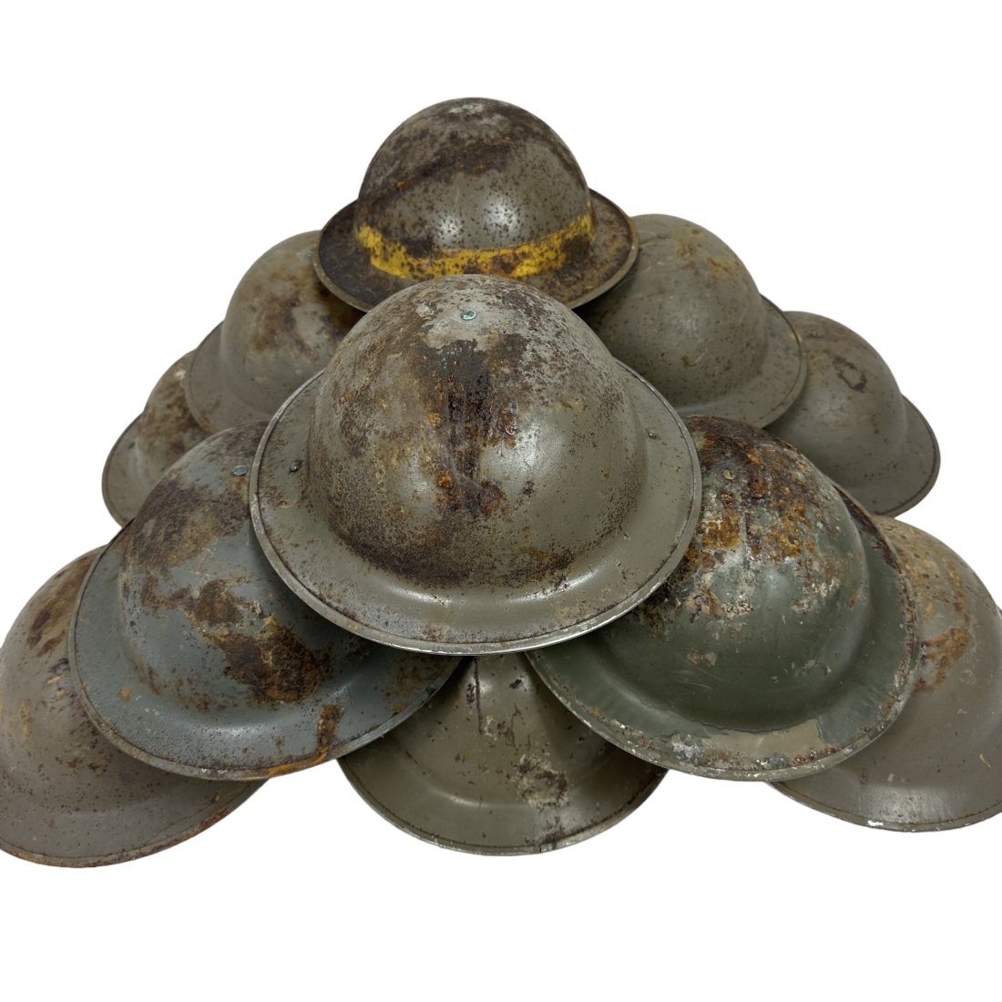 12 Vintage Surplus Foreign Brodie Style Military Helmet Lot Rusty: Lot of 12 vintage surplus foreign brodie style military helmets. Rusty with imperfect or missing liners.