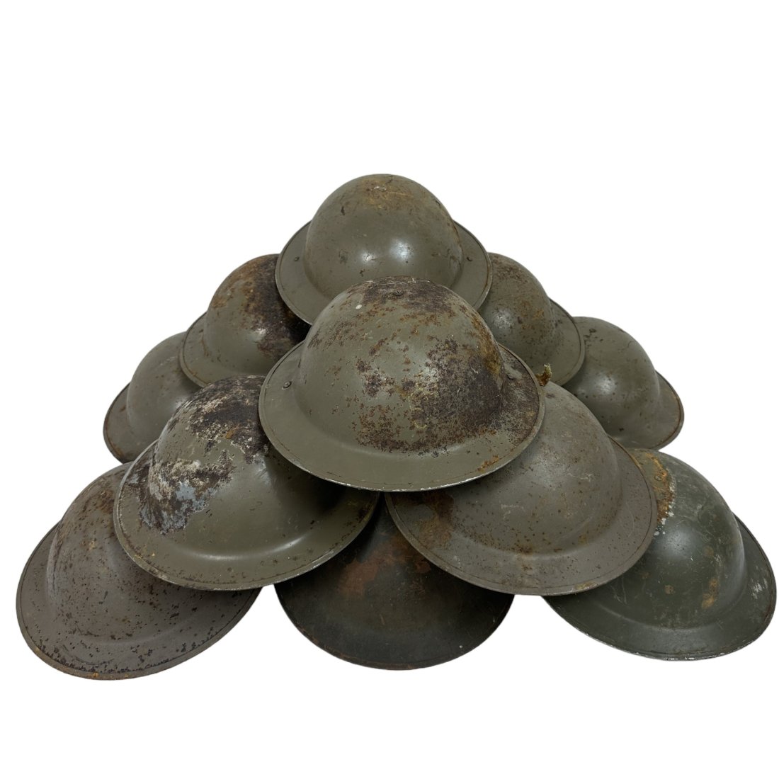 12 Vintage Surplus Foreign Brodie Style Helmet Lot Rusty: Lot of 12 vintage surplus foreign brodie style military helmets. Rusty with imperfect or missing liners.