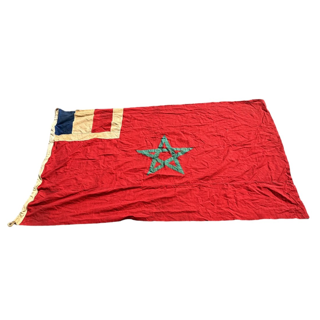 Vintage French Morocco Flag 69 Inch Spelman Label: Vintage French Morocco Flag. Measures 69” x 44”. Vincent J Spelman & Co. label. Some small holes around edges.