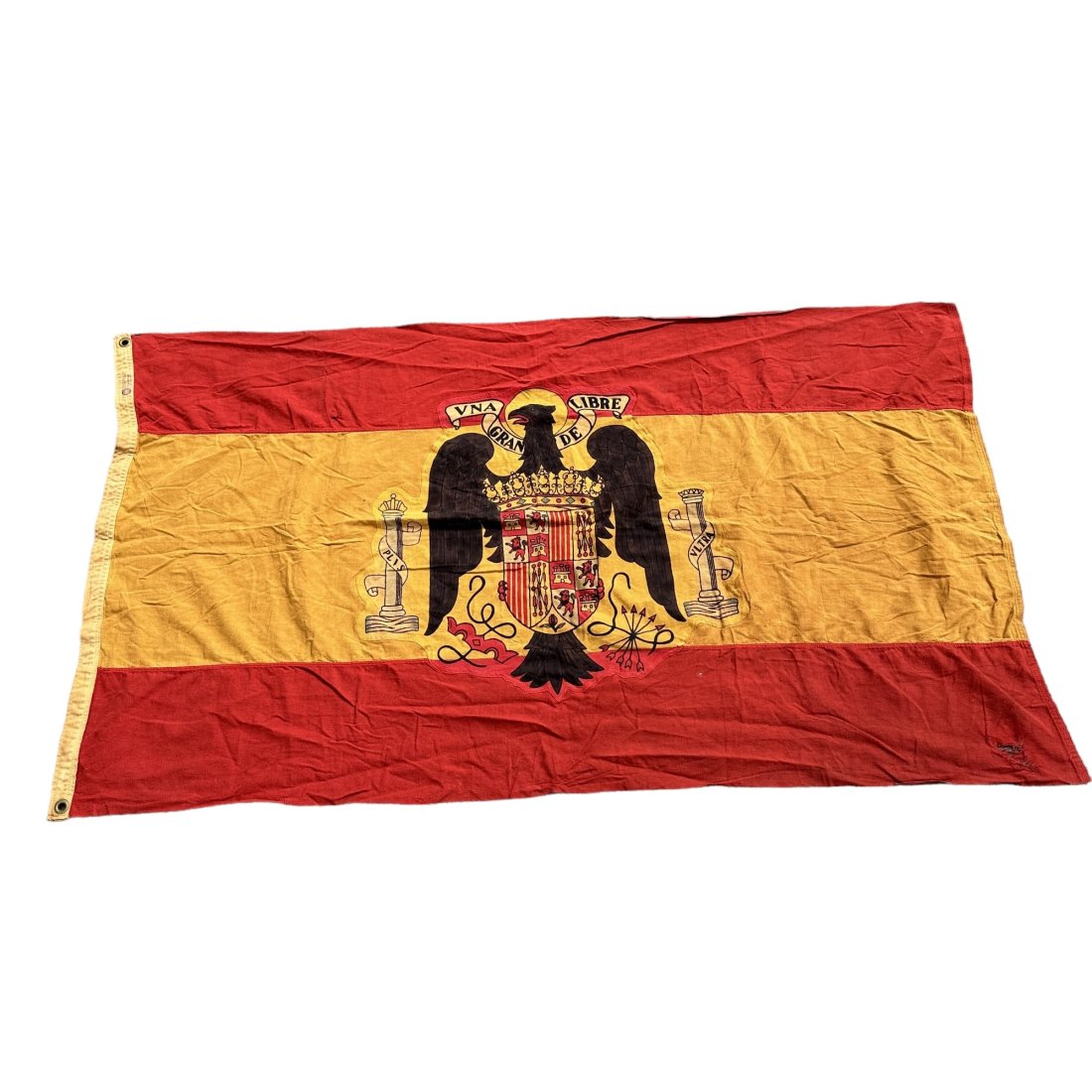 Vintage Francoist Spain Flag 60” x 32” Annin Defiance: Vintage Francoist Spain Flag. Measures 60” x 32”. Annin / Defiance label. Some small tears and holes.