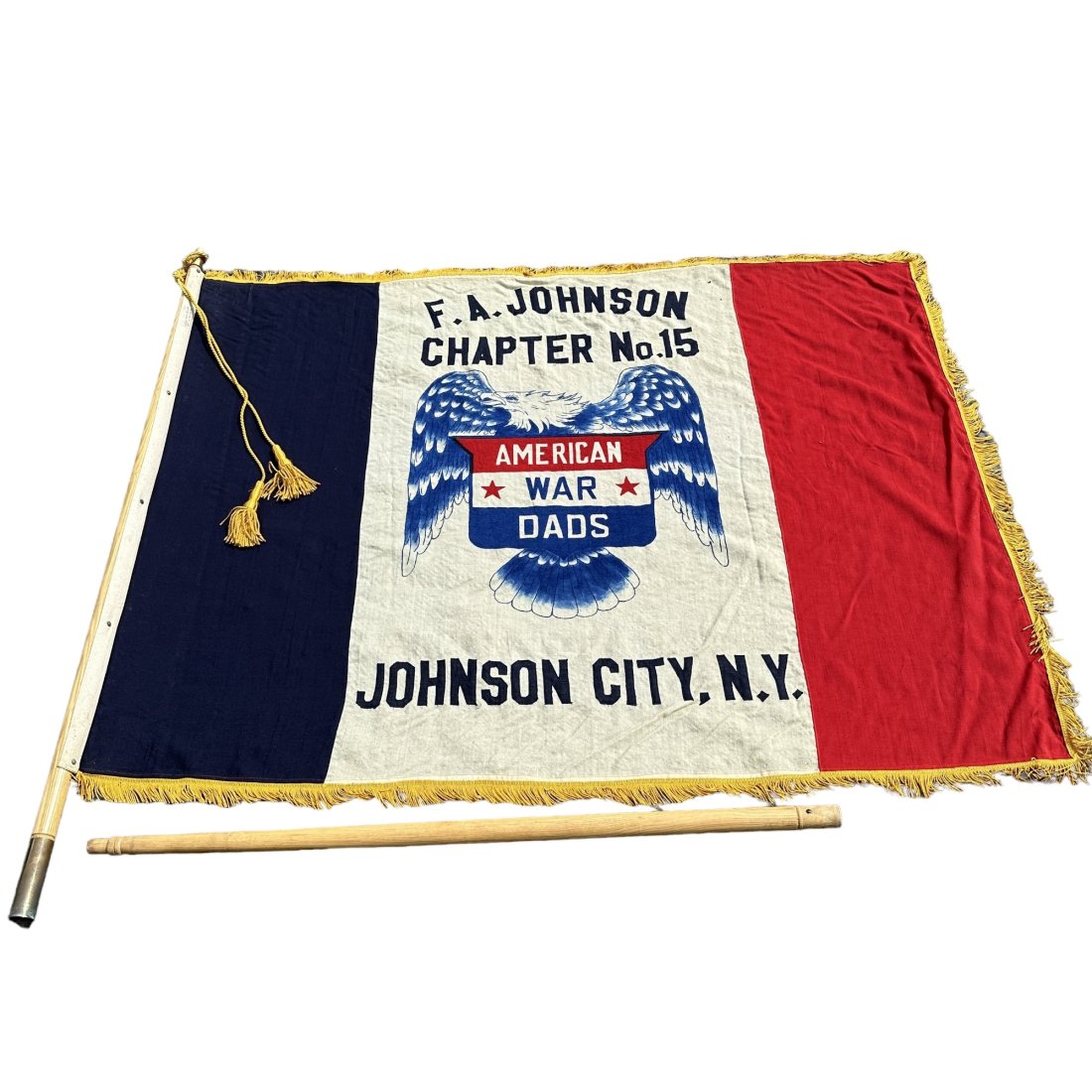 WWII American War Dads Johnson City NY Flag 68” x 54”: WWII American War Dads Johnson City NY Flag. Measures 68” x 54”. Includes 9â€™ two-piece wood flag pole & case. Annin High Grade label. A number of small holes around top, displays ni