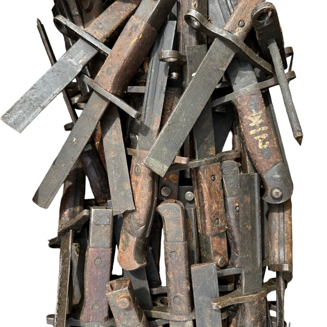 ~80 WWII Japanese Bayonets w/ Cut Blades: Lot of approximately 80 WWII Japanese bayonets with shortened blades. Very greasy with some rust. In wood shipping crate. Very heavy.
