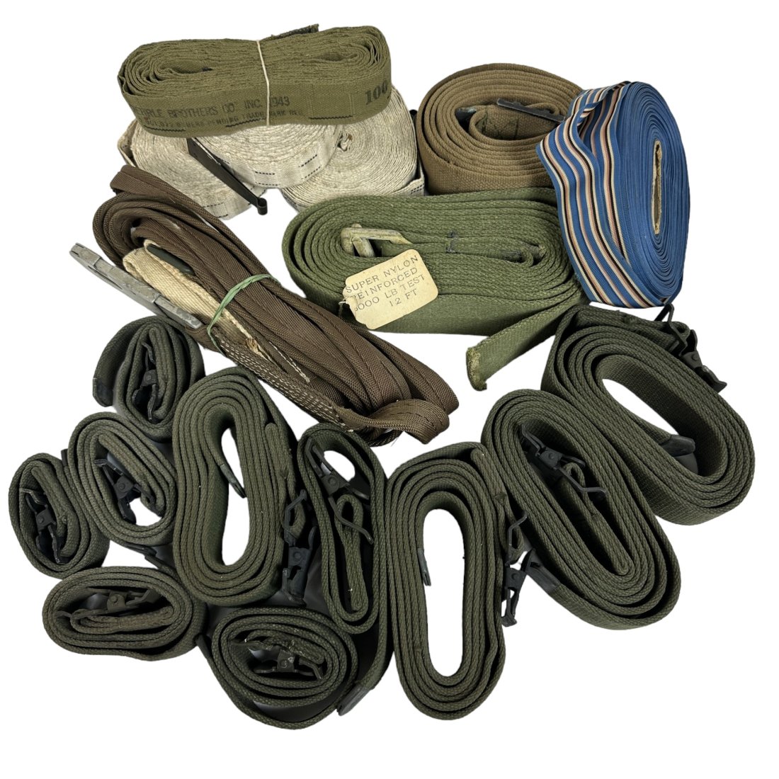 Assorted Military Straps Medal Ribbon Ammo Belts Lot: Lot of assorted vintage military straps, medal ribbon, and ammo belts.