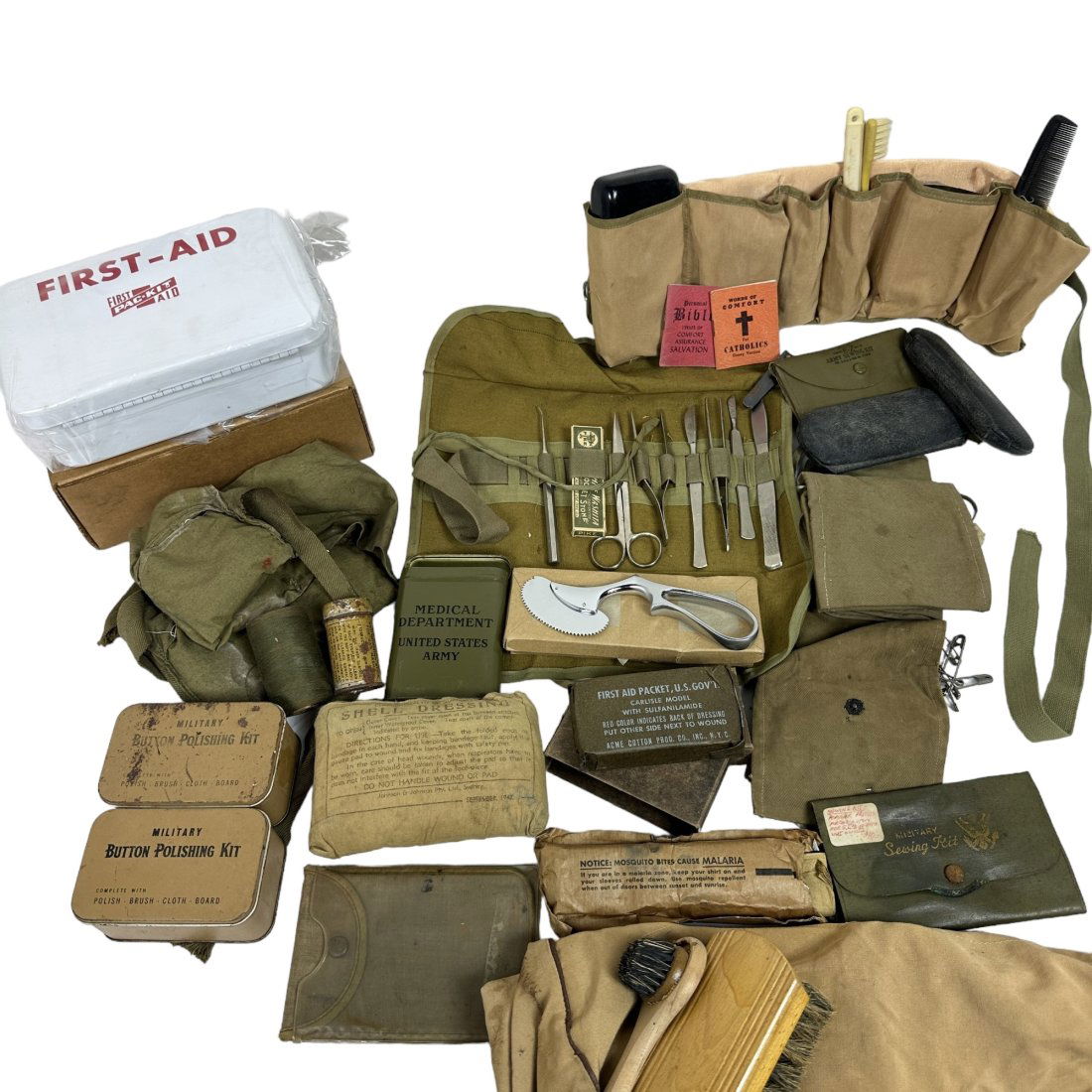 WWII Era First Aid Surgical Field Sewing Personal Care Kit Lot: Lot of assorted vintage military first aid, surgical field, sewing, and personal care items. Age and condition varies with some WWII dated pieces.