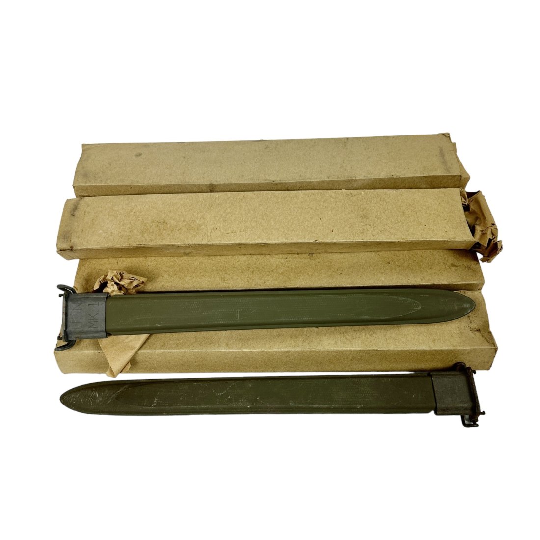 12 Surplus USN MK1 Long Bayonet Scabbard Lot: Lot of 12 vintage surplus USN MK1 long bayonet scabbards. 6 open ended sleeves of 2.