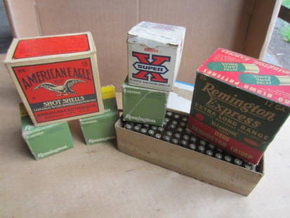 Lot of Vintage Shells and Ammo in Original Boxes: Includes partial Remington Express, two full boxes of Remington 410 and one partial, one partial Western Super X 410, full American Eagle, and 80 22-Hornet rounds in a Kraft Cheese cardboard box. Ship