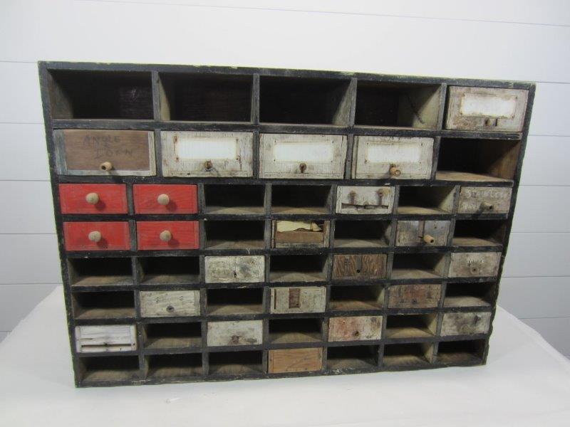 VINTAGE 52 SLOT CUBBY WITH 24 DRAWERS: 34 1/2" W X 8" D X 23 1/2" H. This item is available for shipping. It is the bidder's responsibility to take shipping costs into consideration when bidding. We charge the actual cost of your lab
