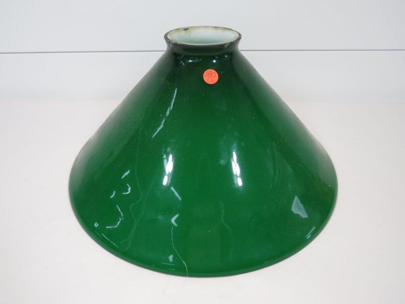 VINTAGE LARGE GREEN CASED GLASS LAMP SHADE: 17 3/4" X 8 1/2" H NO CRACKS OR CHIPS This item is available for shipping. It is the bidder's responsibility to take shipping costs into consideration when bidding. We charge the actual co