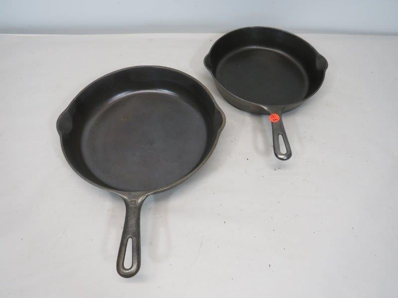 LOT OF 2 GRISWOLD CAST IRON SKILLETS: LARGE #9 11 1/4" D SMALL ERIE,PA 701 H #7 