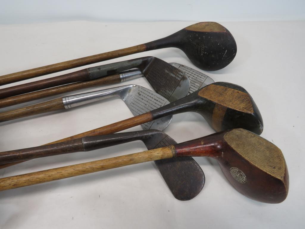 Wooden Shaft Golf Clubs w/Red Plaid Bag: Lot includes woods and irons. Wood Driver is Bourne & Bond Louisville Ky Wood Club marked 925 w. Pat. Date of April 24, 1923 Wood Club marked "The Wilson" Brassie Driving Iron # 1 marked Duralit