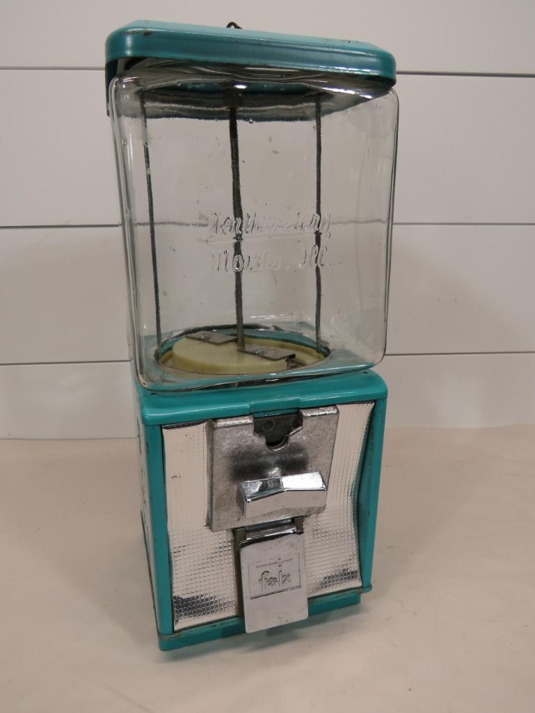 Northwestern Glass Candy Dispenser: Gorgeous aqua color. Key present. 15 1/4" H x 6 1/2" W X 6 1/2" D