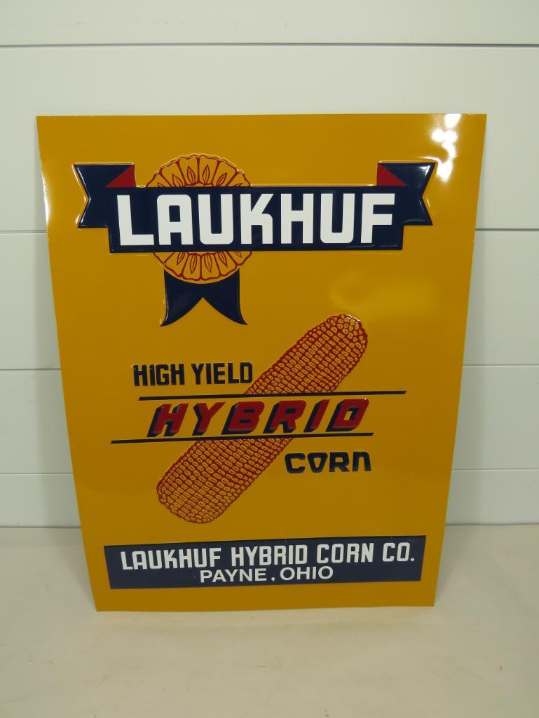 Laukhuf Hybrid Corn Sign: Payne, Ohio. Newer. Metal sign- 17 1/2" x 23 1/2"