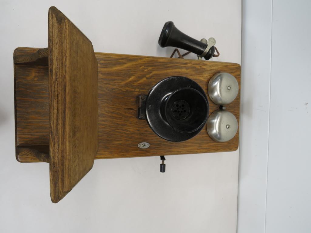 Kellogg Oak Crank Wall Phone: Crank winds and bells ring. 20"H x 9" W x 6" deep -main body.