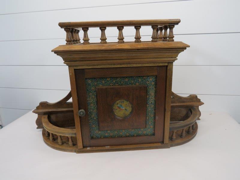 Charming Unusual Dresser or Wall Cabinet: Some hardware has been replaced. Embossed floral paper on the door and decorative bird motif embossed paper inset. 34" W x 20" H x 8" D