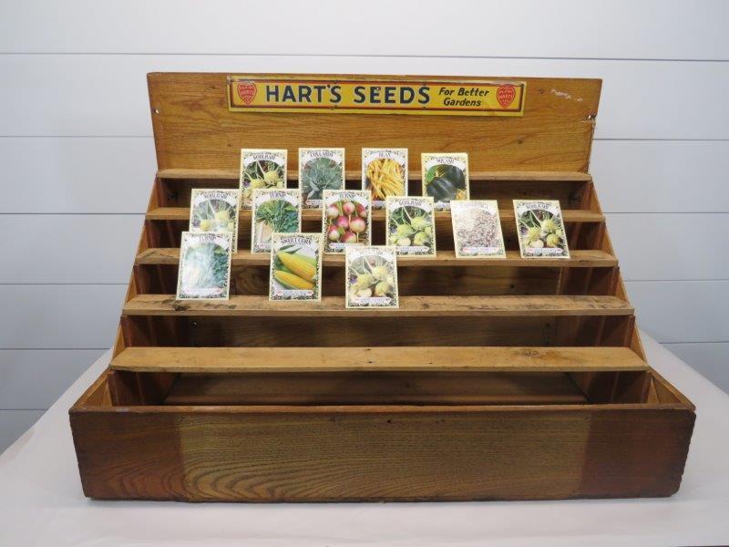 Hart's Seed Wooden Store Countertop Display: Seeds packets are not period, but were for display purposes. 33" W x 23" H open x 17" D