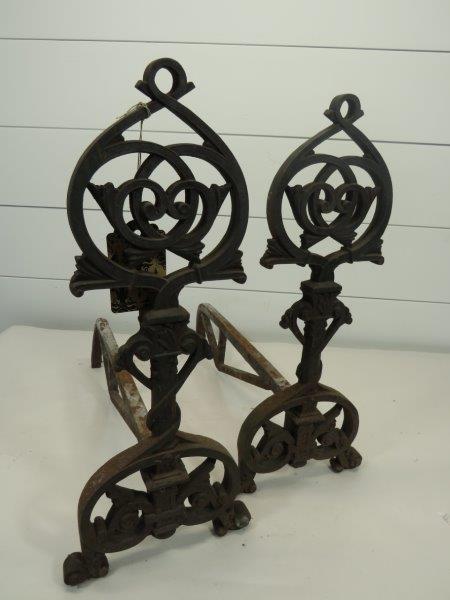Pair of Ornate Cast Iron Andirons: 18" H x 18" D