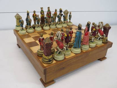 Italian Inlaid Figural Chess Set: Charming Italian inlaid wooden chessboard with figural pieces. Highly detailed composite figures have some chips and loss, as expected with age. 12 1/2" square