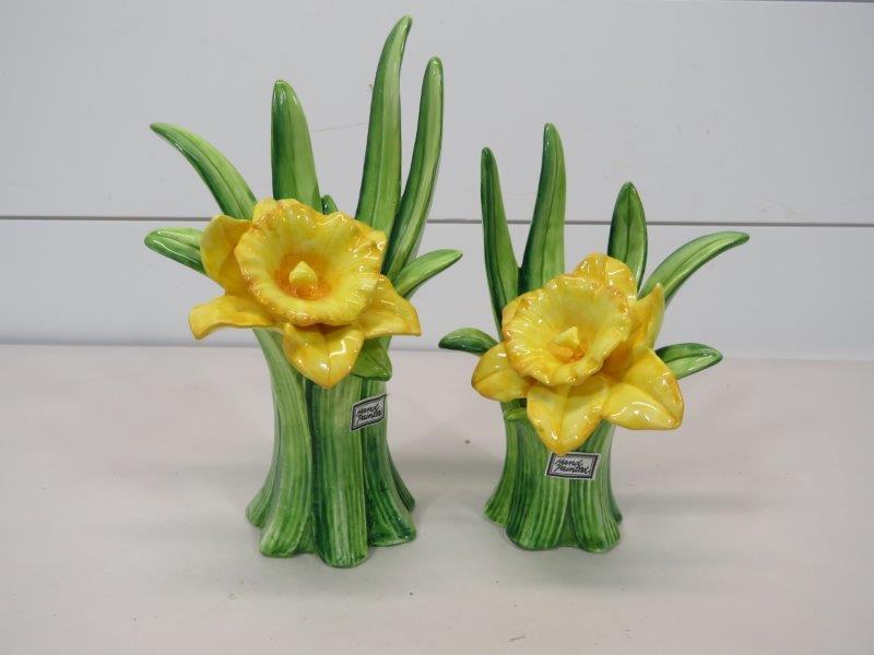 Fitz & Floyd NIB Daffodil Candlesticks: 1990. Original packaging, never displayed, all labels intact. 8 1/2" x 5 1/4" 7" x 5"