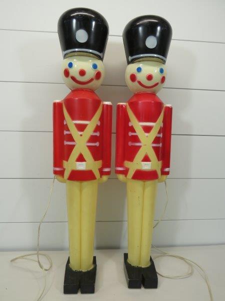 Vintage Christmas Toy Soldier Plastic Lighted Blow Mold: Both in good working condition, showing some paint loss due to age as seen in photos. No chips, cracks or breaks. 32" H 