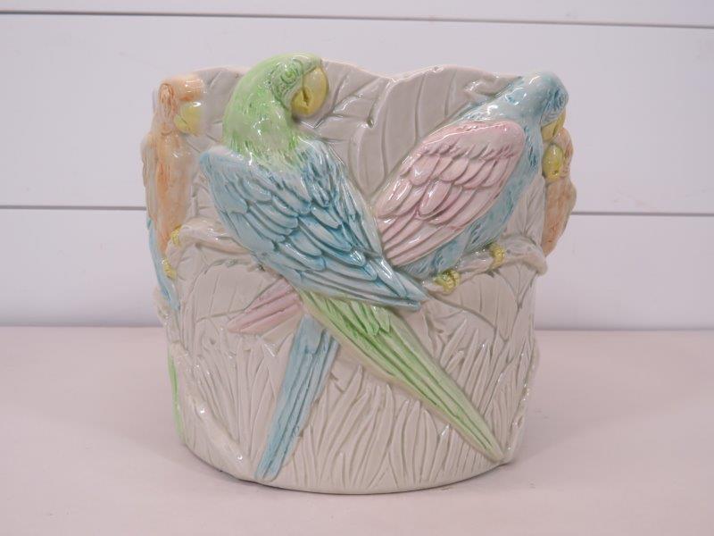 Rare Fitz & Floyd Macaw Parrot Planter: Japan 1982. Hand-painted. Free of chips, cracks and breaks. Great color. Still has original labels. 7 1/4" H x 8" D 