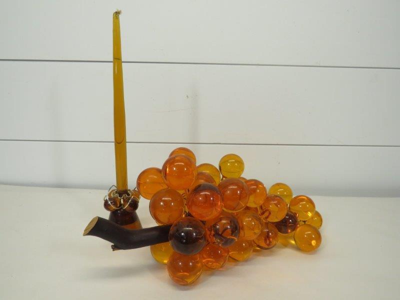 Mid Century Glass Grapes and Candlestick: Candlestick - 14" H Grape Cluster - 16" L 