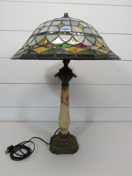 Brass and Alabaster Lamp, Tiffany Style Stained Glass (1 of 11)