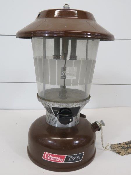 Coleman Model 275 Kerosene Lantern with Porcelain Shade: Showing some wear to porcelain on top as seen in photos. No chips, cracks, or breaks in glass. 13 1/2" H x 8 1/2" W 