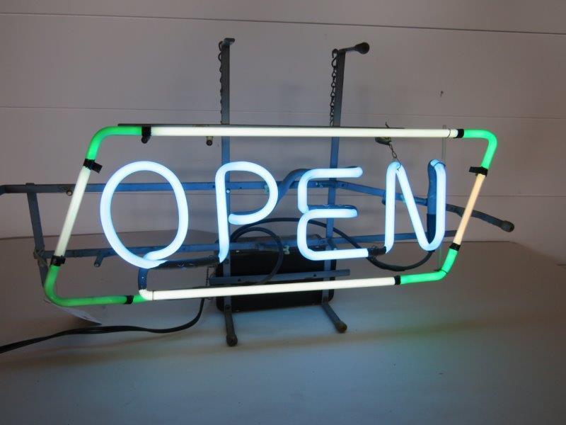 Hobby Shop "OPEN" Multi Color Neon Sign: No cracks or breaks, in good working condition. 15" H x 27" W 