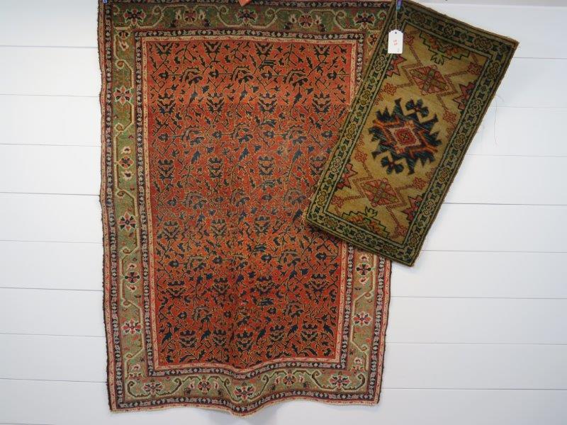 Pair of Early 20th Century Woven Rugs: Showing some wear and missing fibers to the edges as shown in photos. Large - 58 1/2" x 42" Small - 33 1/2" x 17 1/2" 