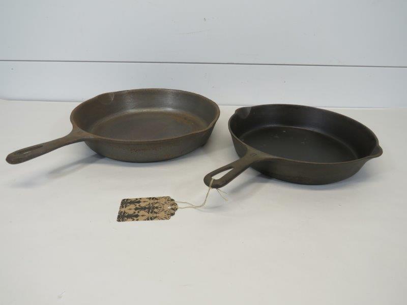 Griswold Small Logo Cast Iron Skillets No. 8 & No. 10: Showing the very beginning of rusting and pitting, as shown in photos. Each skillet sits flush. No. 8 - 10 3/4" D No. 10 - 11 3/4" D
