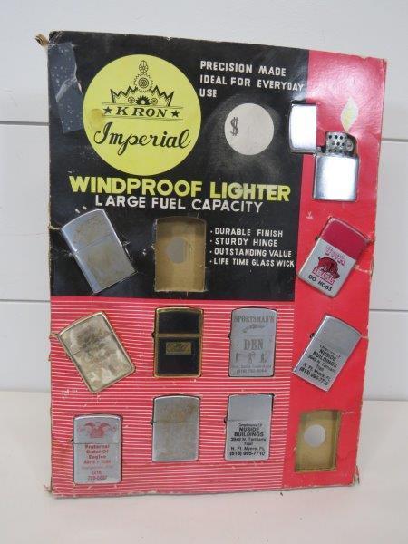 Kron Imperial Advertising Lighter Store Display: This display includes ten lighters including Penguin, My Lite, Storm King, Zippo, Teeco & Unmarked. Display 14" H x 10" W 
