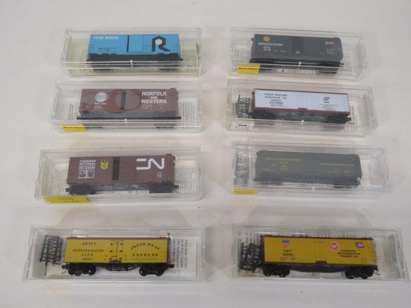 Micro-Trains Line N Scale Train Box Cars (8): The lot includes eight box cars, all in their original blister packaging. All cars are 3 1/4" L 