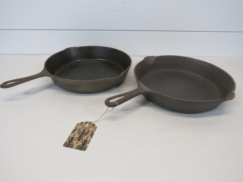 Griswold Large & Small Logo No 9 Cast Iron Skillets: Small Logo No. 9 marked: 710J. With some rusting and scratches, as shown in photos. Sits flush. Large Logo No. 9 marked: 710A. Evidence of some minor pitting starting, as shown in photos. Sits f