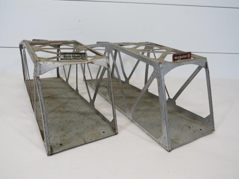 Marx Steel O Gauge Model Train Display Truss Bridges: Includes Rock Island and Wabash bridges. This lot of steel trusses are nicked and rusted here and there, as shown in photos, due to wear and age. Both are 5 1/2" H x 18" L x 5" W
