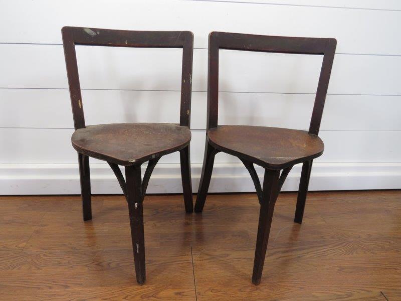 Pair of Primitive Three Legged Railroad Depot Chairs (1 of 14)