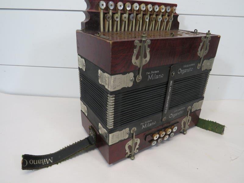 c 1880s Milano Organetto Rosewood Concertina Accordion: With a double row of mother-of-pearl buttons. In very nice condition, with the only damage being a split to the arm strap, as noted in photos. 12 1/4" x 11" x 6"