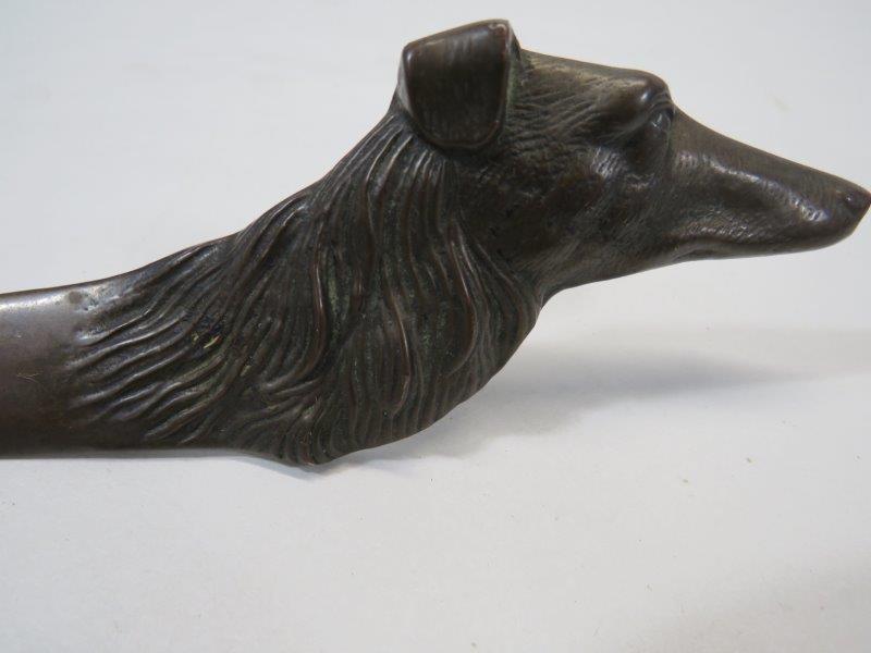 Signed Valenti Figural Brass Collie Dog Letter Opener: Signed and marked. Made in Spain. Chromium plated brass. 11" L 