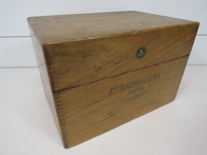 Strathmore Paper Company Box: Dovetailed. Solid, clean condition. 11 1/4" W x 7 3/4" D x 7 5/8" H