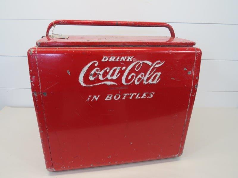 Original Metal Coca-Cola Cooler: With nicks, scrapes and scratches to finish due to age and wear as shown in photos. In unrestored condition. No tray. 18" H x 18" W x 12 1/2" D 