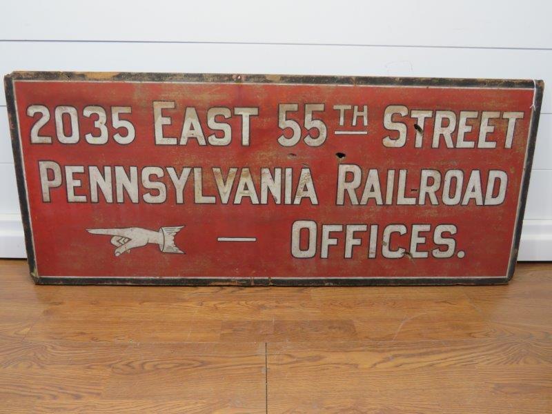 1920s Pennsylvania Railroad - Cleveland Ohio RR Offices: Incredible graphics and details! Displays wonderfully. Masonite on a wood back. With some condition issues, as noted in photos. 24" H x 58" W 