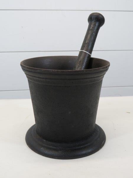 Early Cast Iron Mortar And Pestle: Showing VII Marking on bottom side. Mortar - 6" H x 6 1/2" D Pestle - 10 1/4" L