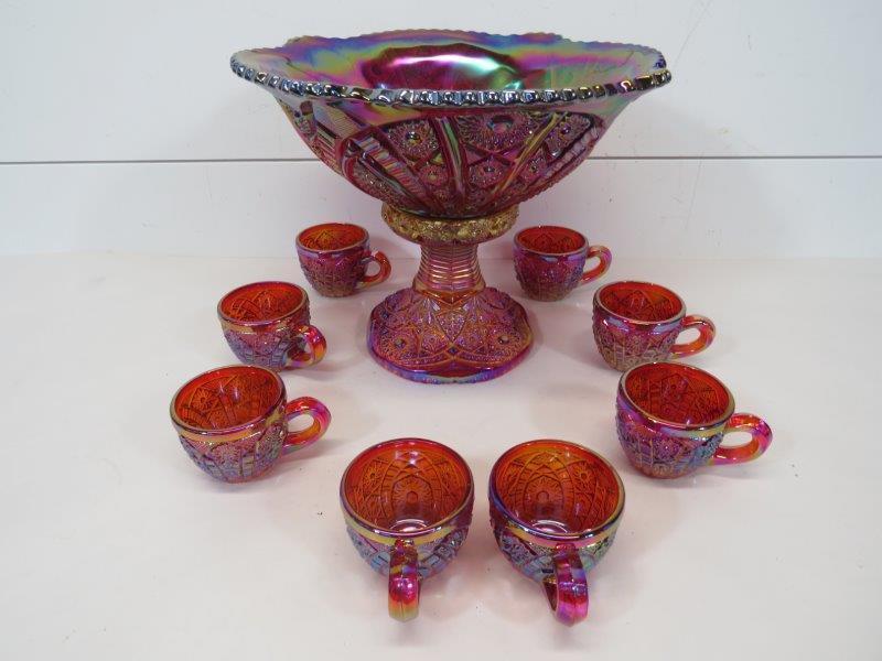 Red Carnival Glass Pedestal Punch Bowl Serving Set (1 of 4)