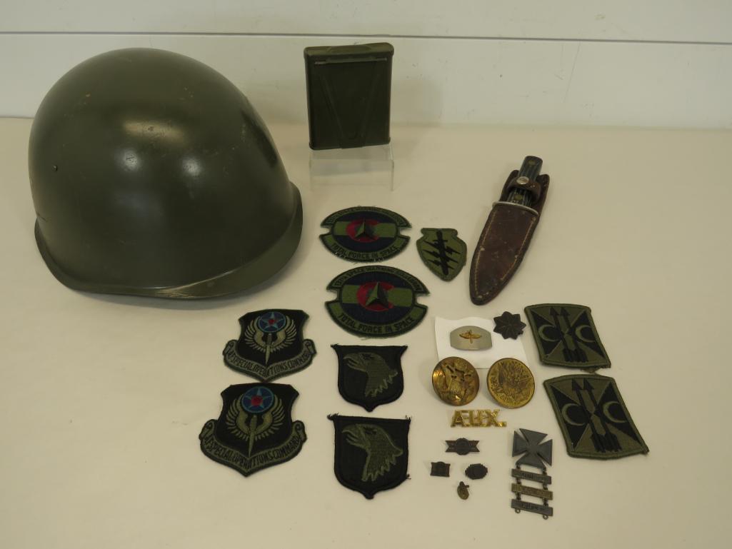 Early U.S. Military Lot: Helmet, Knife - Patches - Pins - Ointment First Aid Tin. This is an early military lot including a knife with M.P. written on back of sheathe, 4 sets of military patches and one single patch, 10 milit