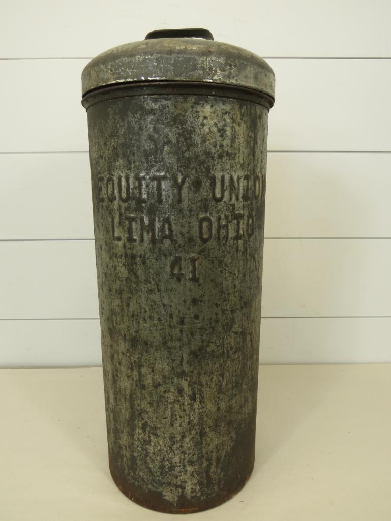 Equity Union Can w/ Lid No. 41 Lima, Ohio: Some rusting to outer edge along bottom outer side as seen in photos. Many nicks and scratches due to age and wear with some paint loss. 23" H x 8 3/4" D